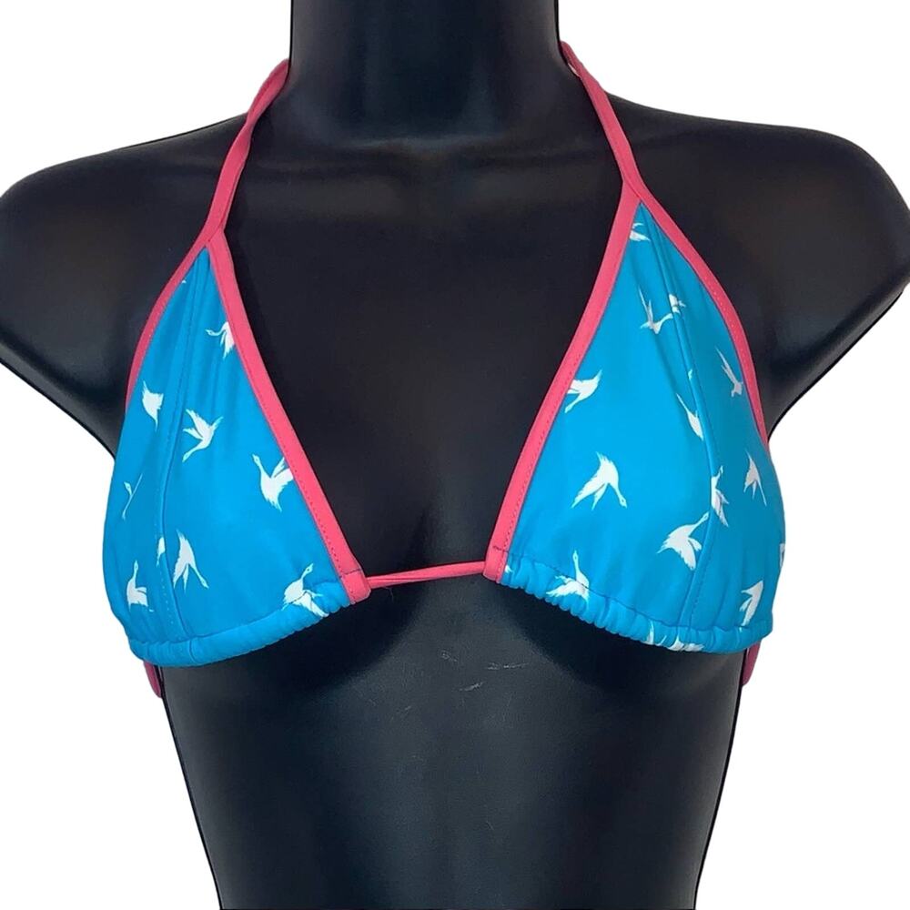 Kirra Blue‎ Bird Print Triangle Bikini Top Pink Trim Women's Large